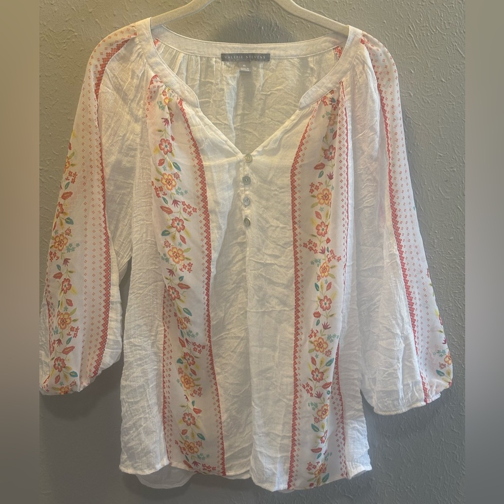 Valerie Stevens White Floral Blouse Top Spring Summer Women’s Size XL